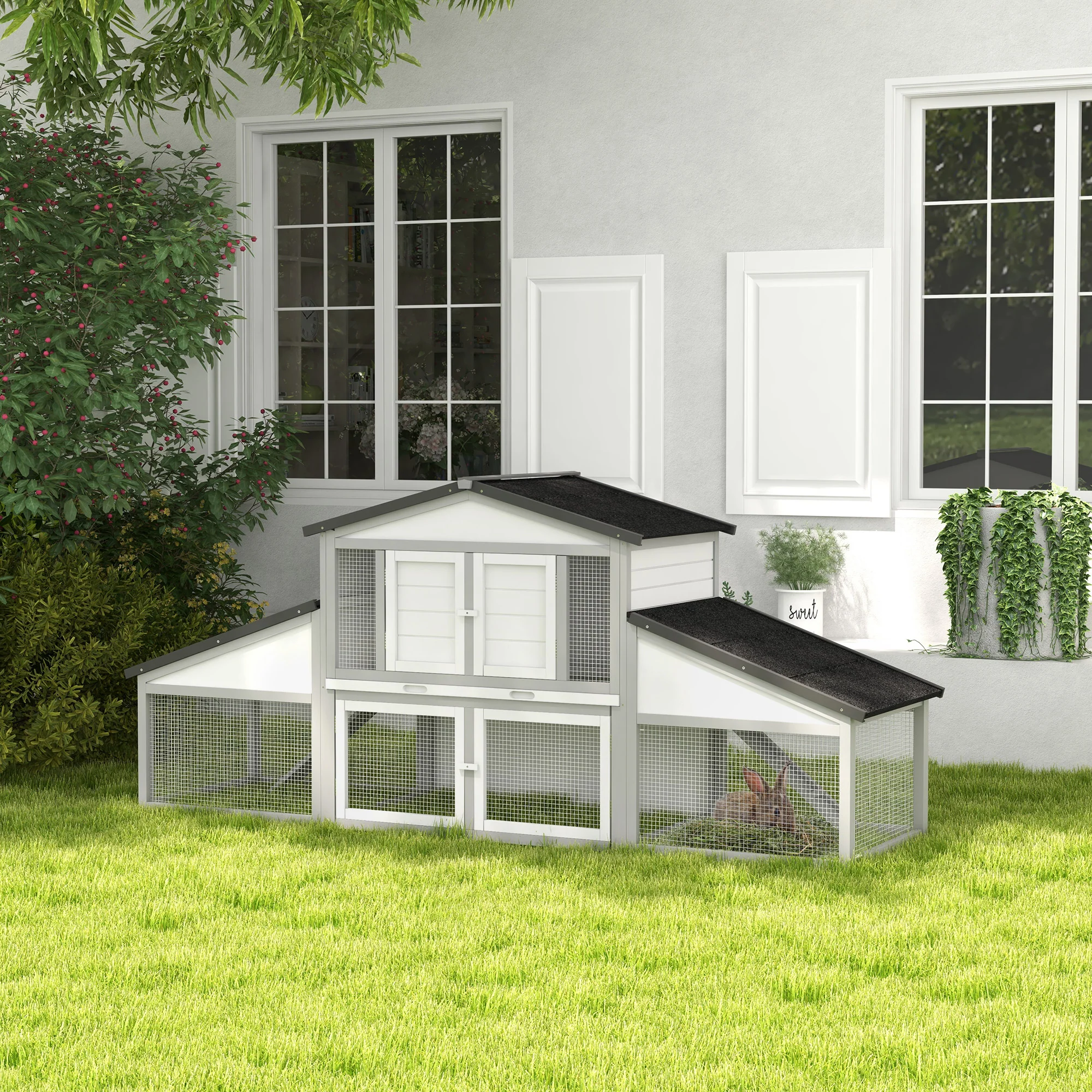 PawHut Grote Konijnenhuis met Ren, Lade, Rampen, Houten Huis voor Cavia's, Grijs