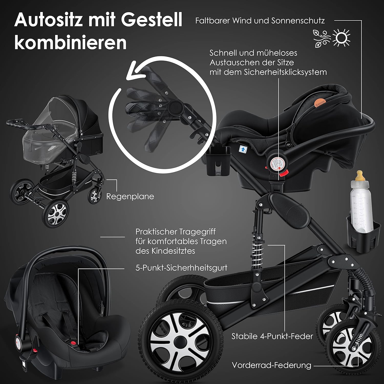 KESSER® Loops 3 in 1 Kinderwagen Kombikinderwagen Komplett-Set inkl. Babywanne & Buggy Sportsitz & Auto-Babyschale Voll-Gummireifen Wickeltasche Regenschutz Kindertisch ECE R129, Schwarz/Champagne