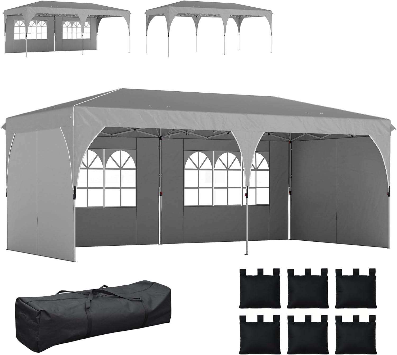 Outsunny Gartenpavillon 3 x 6 m Pop-up-Zelt, höhenverstellbar, wasserdicht, UV50+ Schutz, zusammenklappbarer Pavillon mit 4 Seitenwänden, 6 Sandsäcken, Tragetasche, einfache Montage, grau