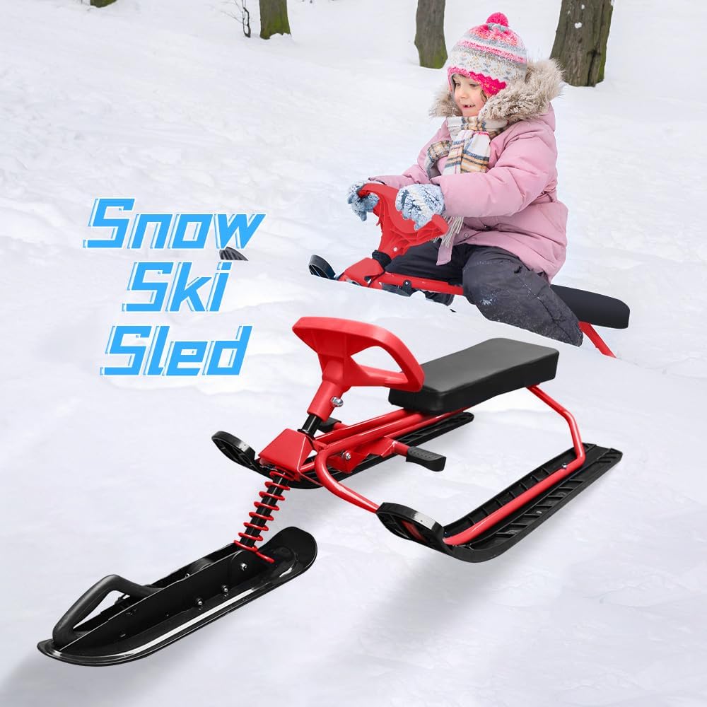 Snow Racer-Schlitten, Skischlitten mit Lenkrad und Doppelbremsen, Einziehbarem Zugseil, Robustem Eisen-HDPE-Rahmen, für, Teenager, Erwachsene, Wintersport