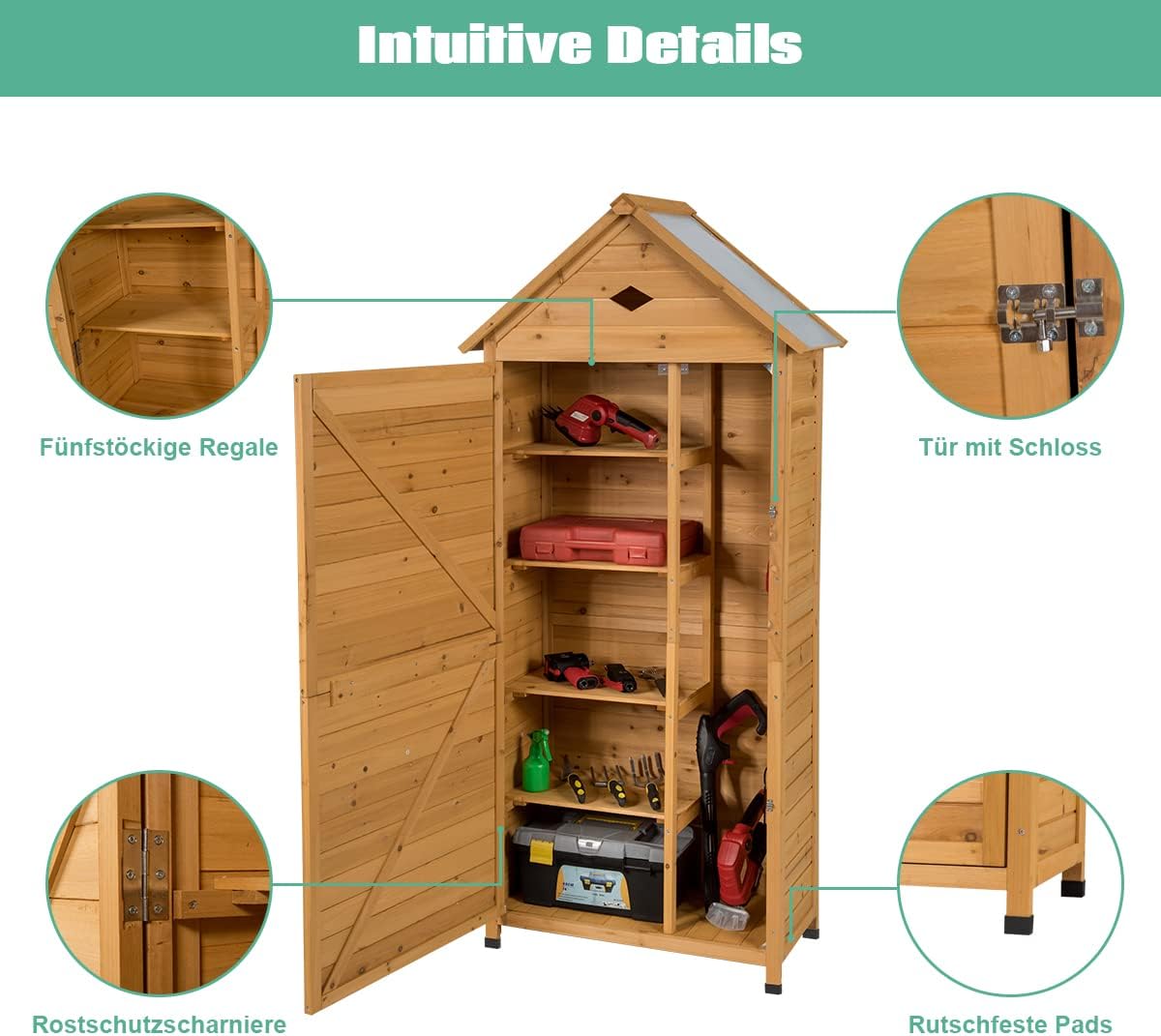 COSTWAY Gartenschrank Holz, Geräteschuppen mit 5 Regalböden und Satteldach, Outdoor Schrank Wetterfest, Geräteschrank Balkonschrank für den außenbereich Garten Balkon (80 x 45 x 177 cm)