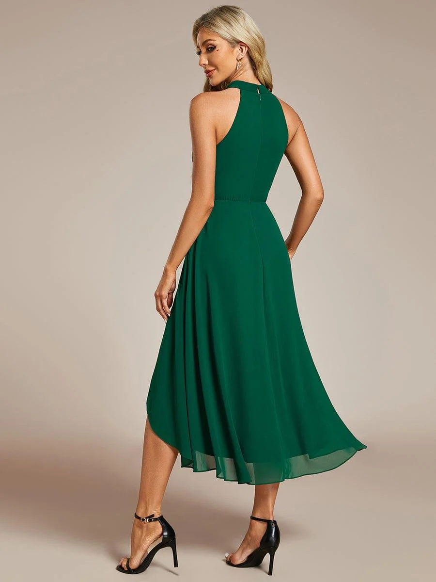 Damen Chiffon Midi-Kleid in A-Linie | Festliches Halterneck Kleid mit Plissee-Details | Sommerliches Kleid f��r Hochzeitsg?ste