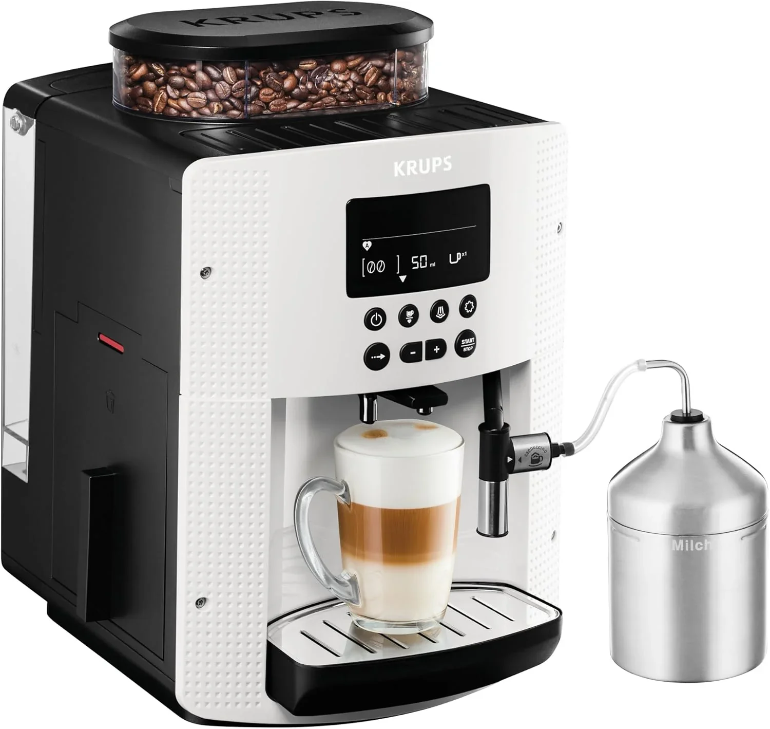 Krups Essential Kaffeevollautomat mit Milchschlauch, 2-Tassen-Funktion, LCD-Display, Einfache Reinigung, Kaffeemaschine, T��V-Siegel, Schwarz, EA816031