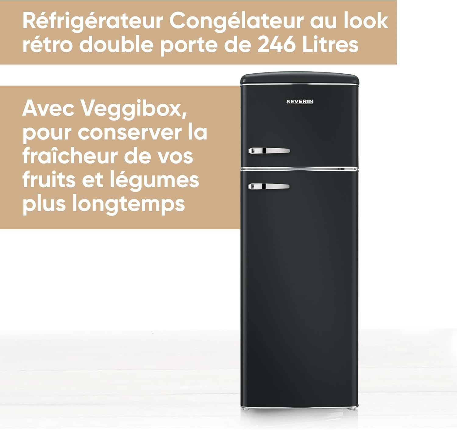 SEVERIN Réfrigérateur Congélateur 2 portes, Pose libre, Réfrigérateur Double Porte avec Congélateur Largeur 55 cm, 246 L, Classe D, Look Rétro, Noir mat, RKG 8984