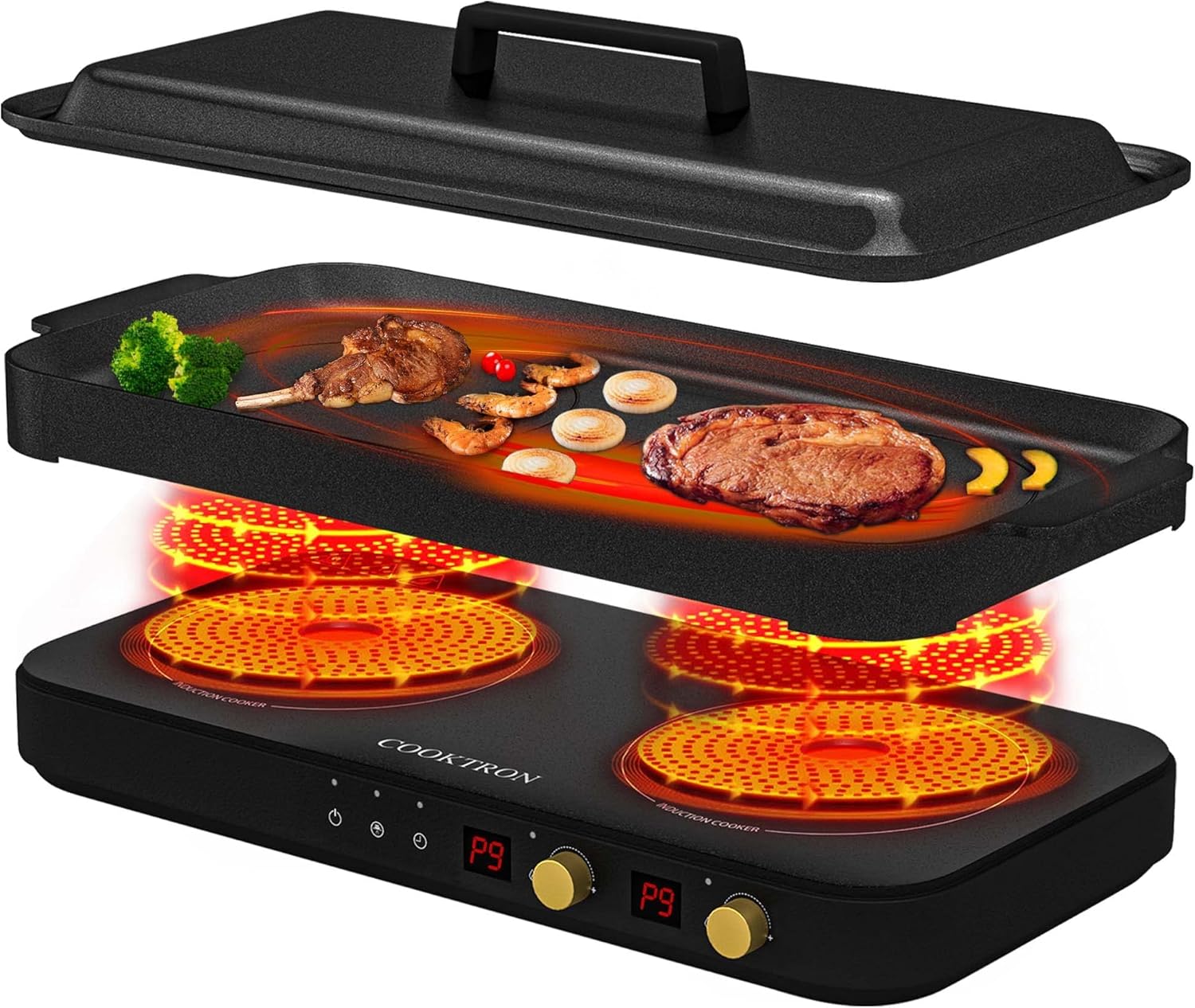 COOKTRON Portable Induktionskochfeld 2 Brenner mit abnehmbarem Eisen Guss Grillpfanne Antihaft, 2800W Doppelinduktionskochfeld mit Kindersicherung Zeit, ideal für Familienfeier