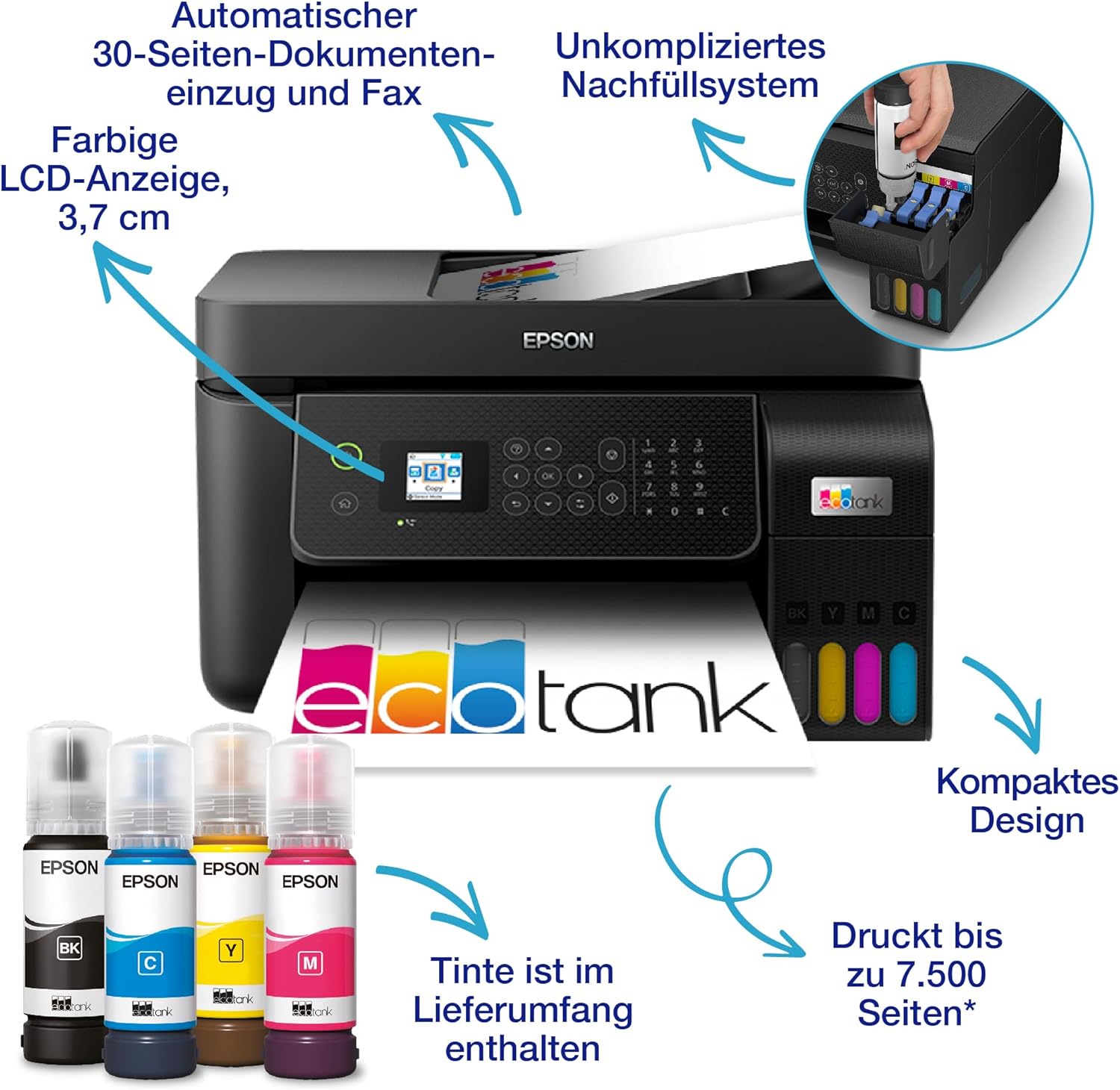 Epson EcoTank ET-4800 A4-Multifunktions-Wi-Fi-Tintentankdrucker, mit einem im Lieferumfang enthaltenen Vorrat an Tinten bis zu 3 Jahren