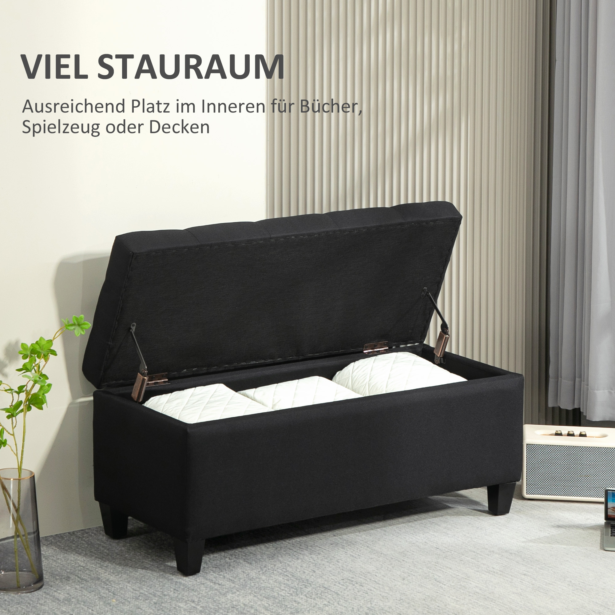 Zitbank met Opbergruimte, Halbank, Linnenachtig Polyester, Rubberhout, Zwart, 100 x 40 x 44 cm