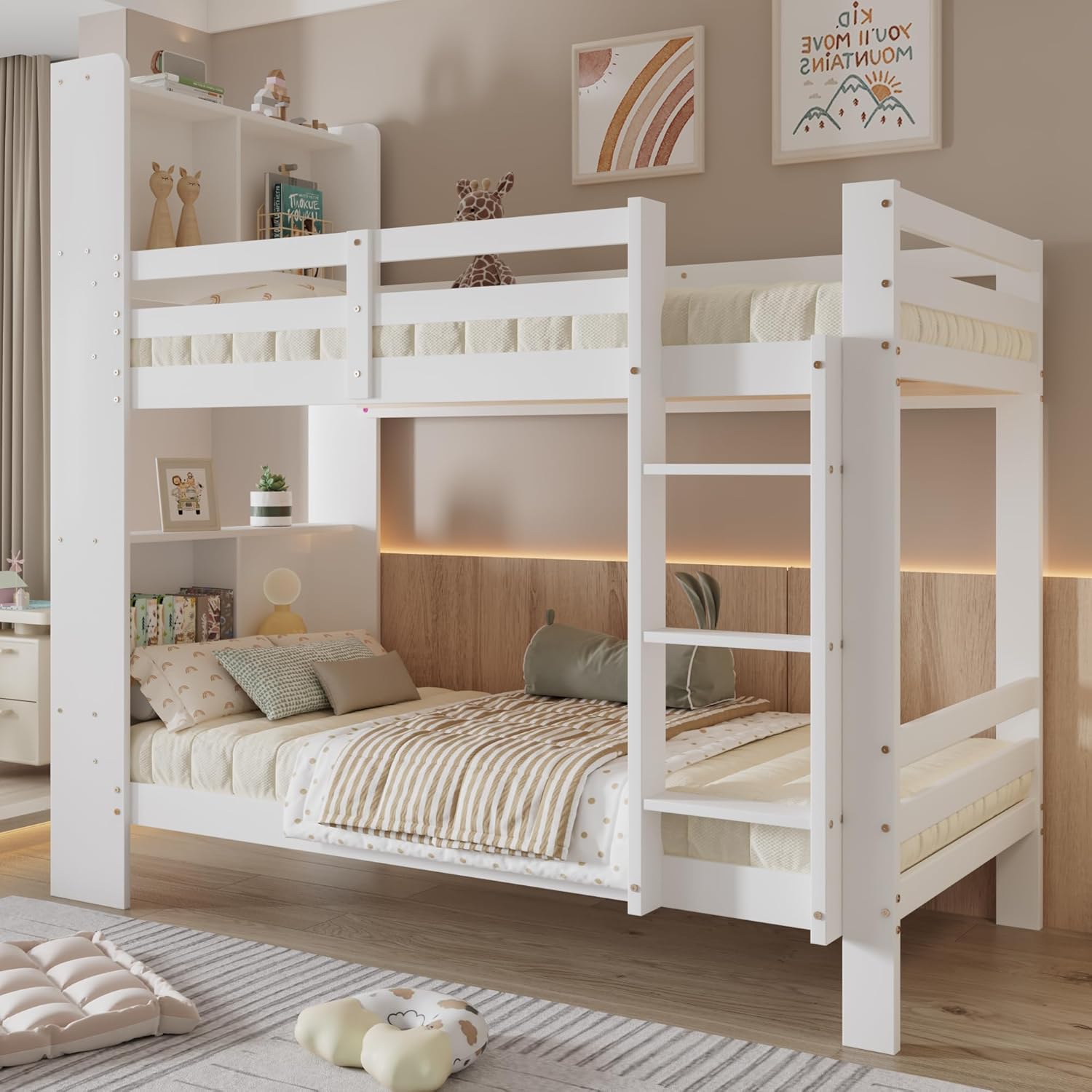 Kinderbett 90x200 mit Regalen und Leiter, Funktionsbett Etagenbett für 2 Kinder, Stockbett Hochbett Jugendhochbett mit Stauraum und Lattenrost,Jugendbett Bettrahmen aus Massivholz,ohne matratze,Weiß