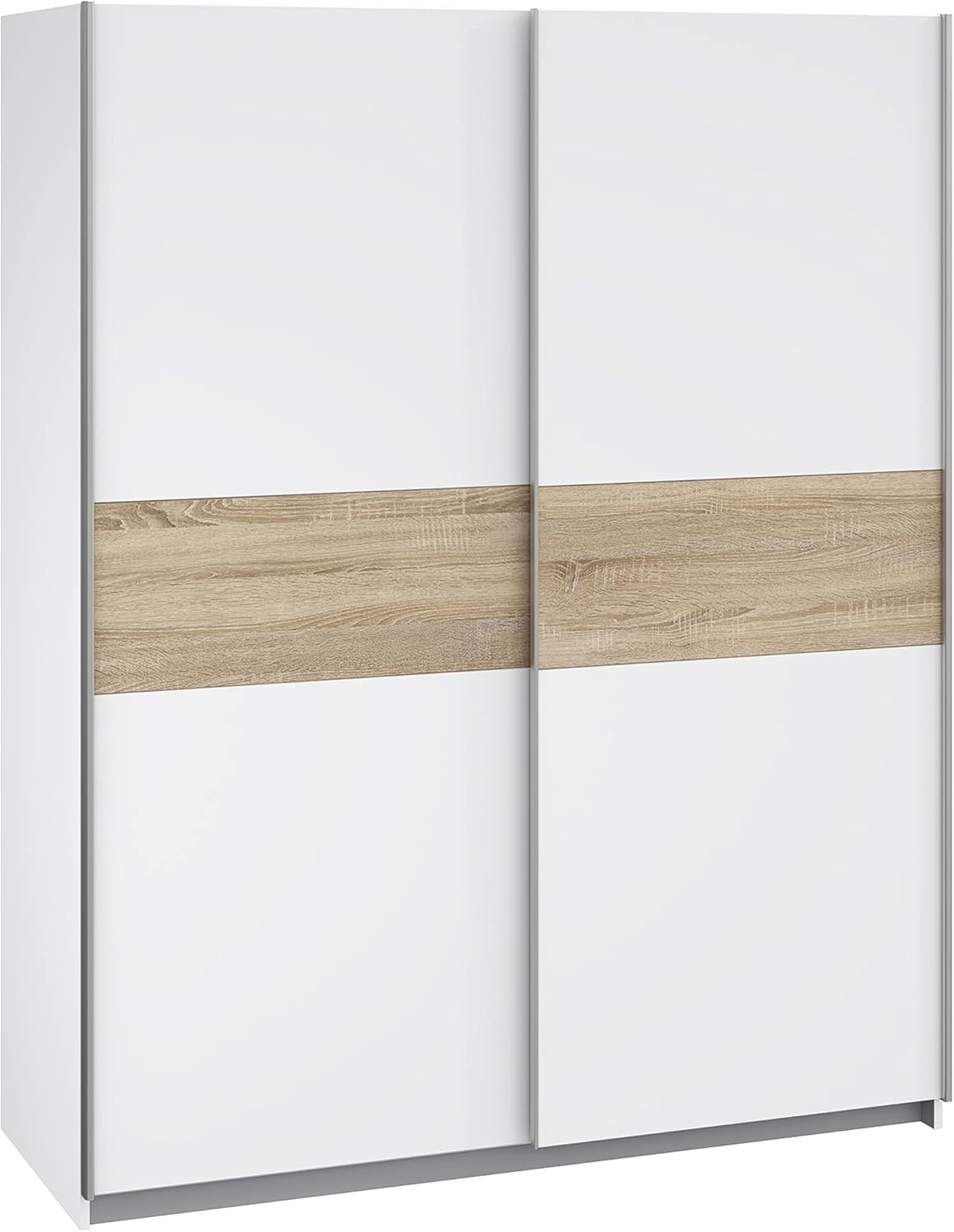 Forte WINNER Schrank 150, moderner Kleiderschrank Weiß, Schwebetürenschrank, 2-türig, Weiß / Holzdekor Sonoma Eiche, 150 cm breit x 190,5 cm hoch x 61 cm tief