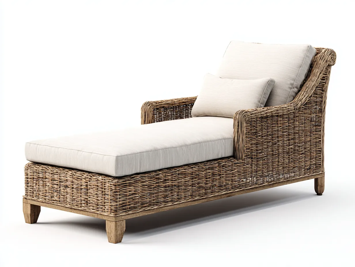 Sonnenliege-Rattan-Holz-Stoff-201 x 73 x 88 cm-Beige-Natur-Moderner Outdoor-Stil