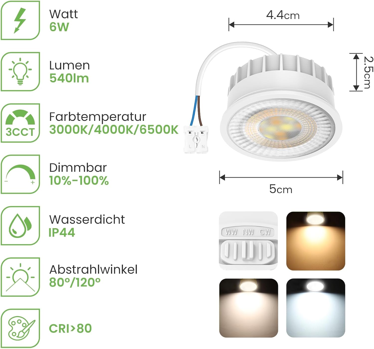 ALUSSO LED Modul Ultra Flach ø50x25mm für Einbaustrahler, 6W 540lm 230V, 3CCT Warmweiß Naturalweiß Kaltweiß Dimmbar, Ersetzt GU10 MR16 Leuchtmittel, IP44 Wasserdicht, 48er