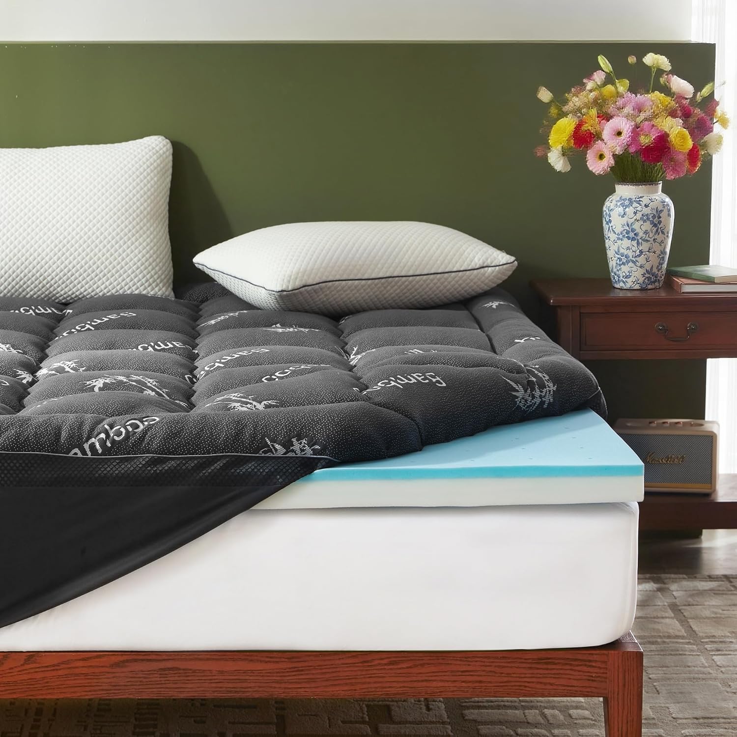 BEDLORE 4 Inch Memory Foam Mattress Topper King,2-in-1 Dual Layer Design (2