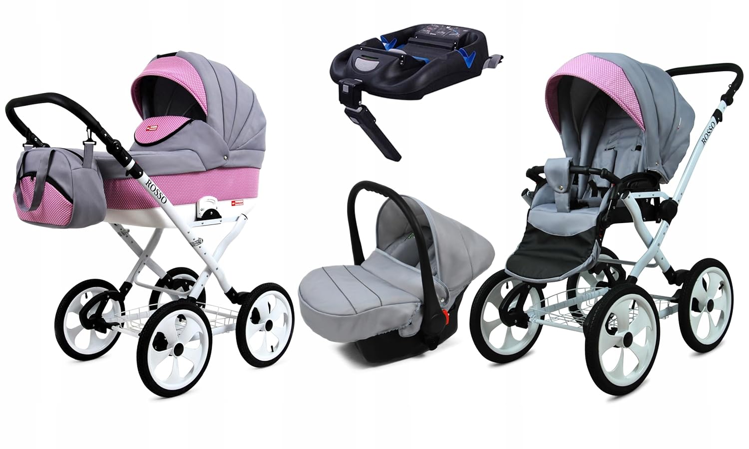 BabyLux® Bambimo Kinderwagen Set 2 in 1 - Rosso - incl. Babywanne, Buggy Sportsitz - Kinderwagenset - Kombikinderwagen mit Wickeltasche, Regenschutz, Moskitonetz, Cupholder usw.