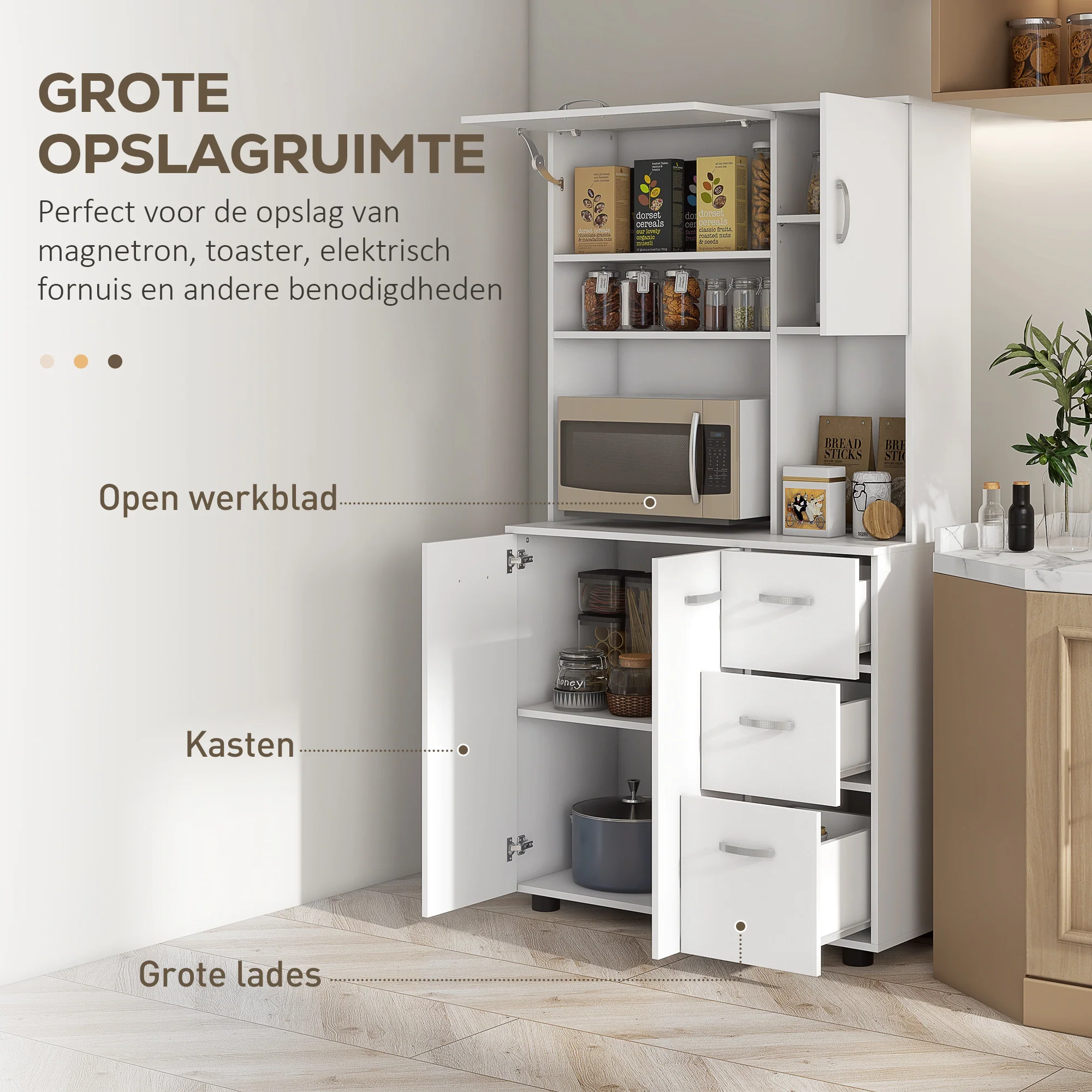 HOMCOM Keukenkast, Buffet, 3 Laden, 3 Planken, Veel Opbergruimte, 89x39,5x168cm, Wit