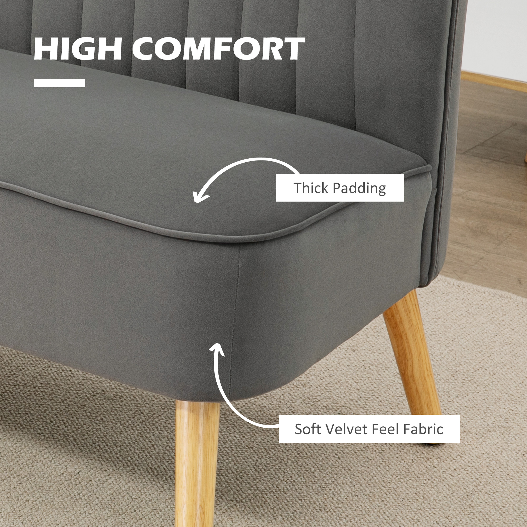 Sofa Retrodesign 2-zitsbank, houten poten, 117 cm x 56,5 cm x 77 cm, Donkergrijs