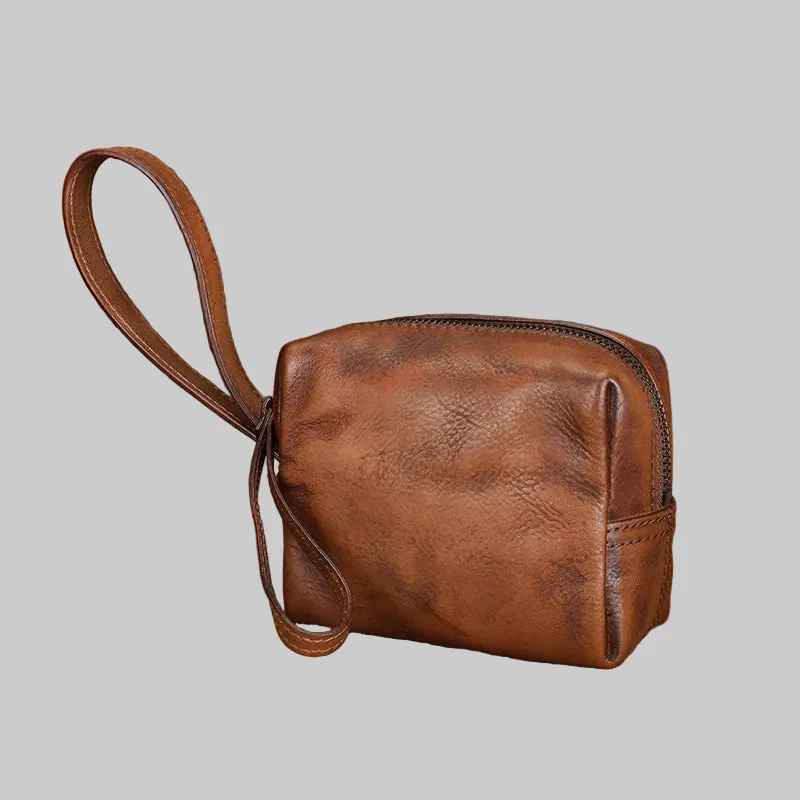 Retro Brown Leather Mini Wristlet Zipper Coin Pouch
