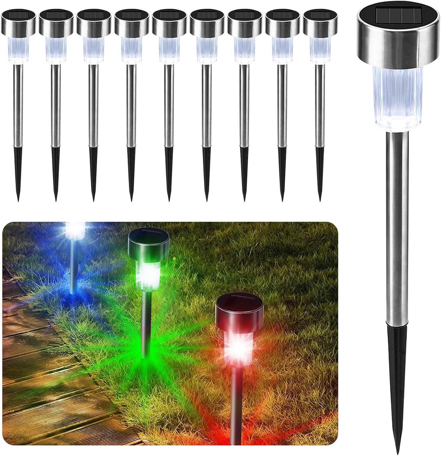 So Gartenstecklichter, bunte LED-Außenbeleuchtung, IP65, wetterfest, Edelstahl, keine Drähte, automatische Nachtaktivierung für Weg und Garten, 10 Stück