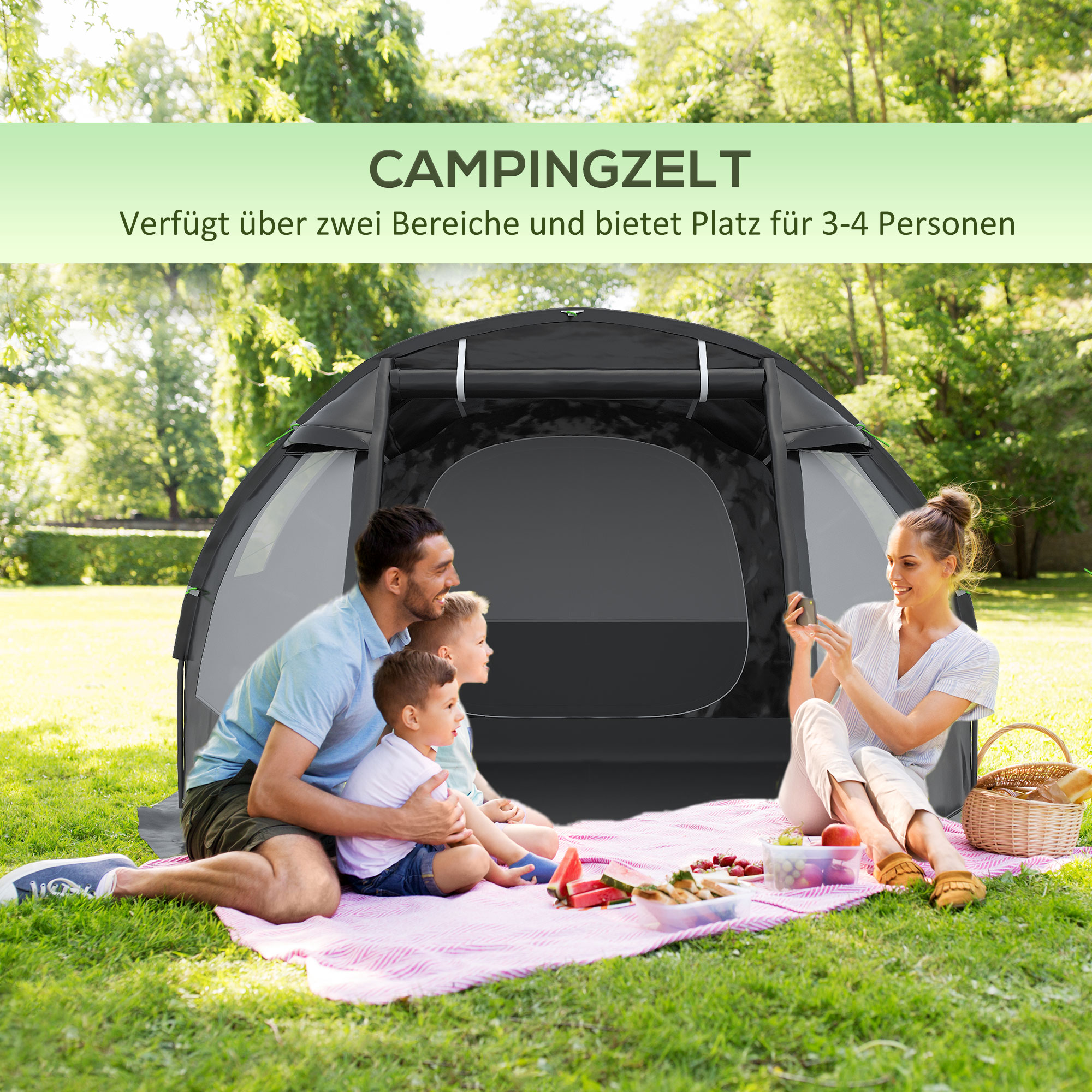 Kampeertent Trekkingtent Tent, weerbestendig, 2 kamers,  475 x 264  cm breedte x 172, Zwart