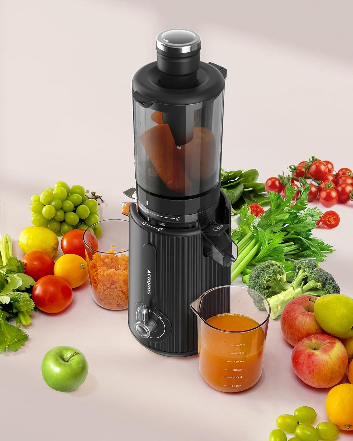 ACOQOOS Entsafter, Entsafter Gemüse und Obst with 110MM Einfüllffnung, Leicht zu Reinigen Slow Juicer Machine with 2 Cups Schwarz