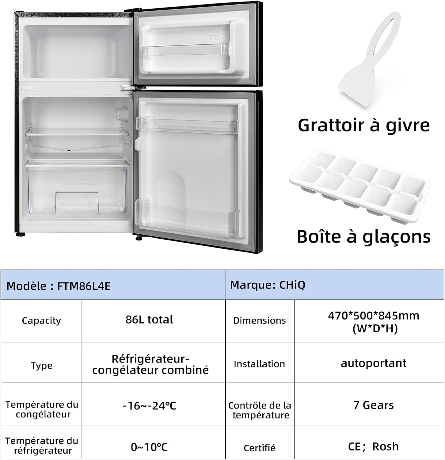 CHIQ CTT107BC Kühlschrank Klein 107 Liter, Höhe 84cm, Tiefe 55cm, Platzbedarf nur 0,3 ㎡, Mikro-Gefrierfach, Vario Box, 7 Temperaturregelstufen, geräuscharm, 87 kWh/Jahr, Schwarz
