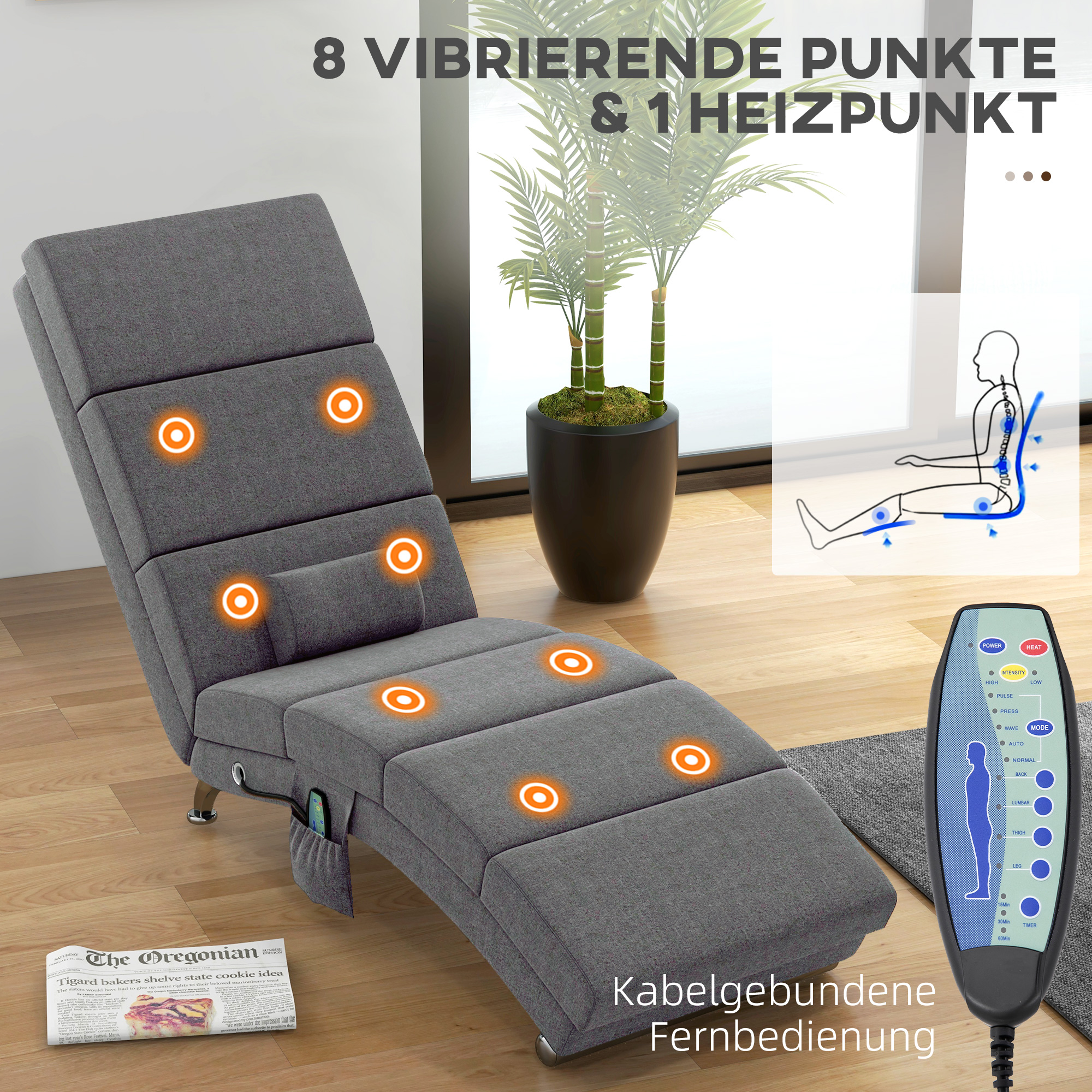 Massagestoel Relaxstoel Ligstoel 8 vibratiepunten, 5 modi, 8 vibratiepunten, 56 x 168 x 84 cm, Grijs