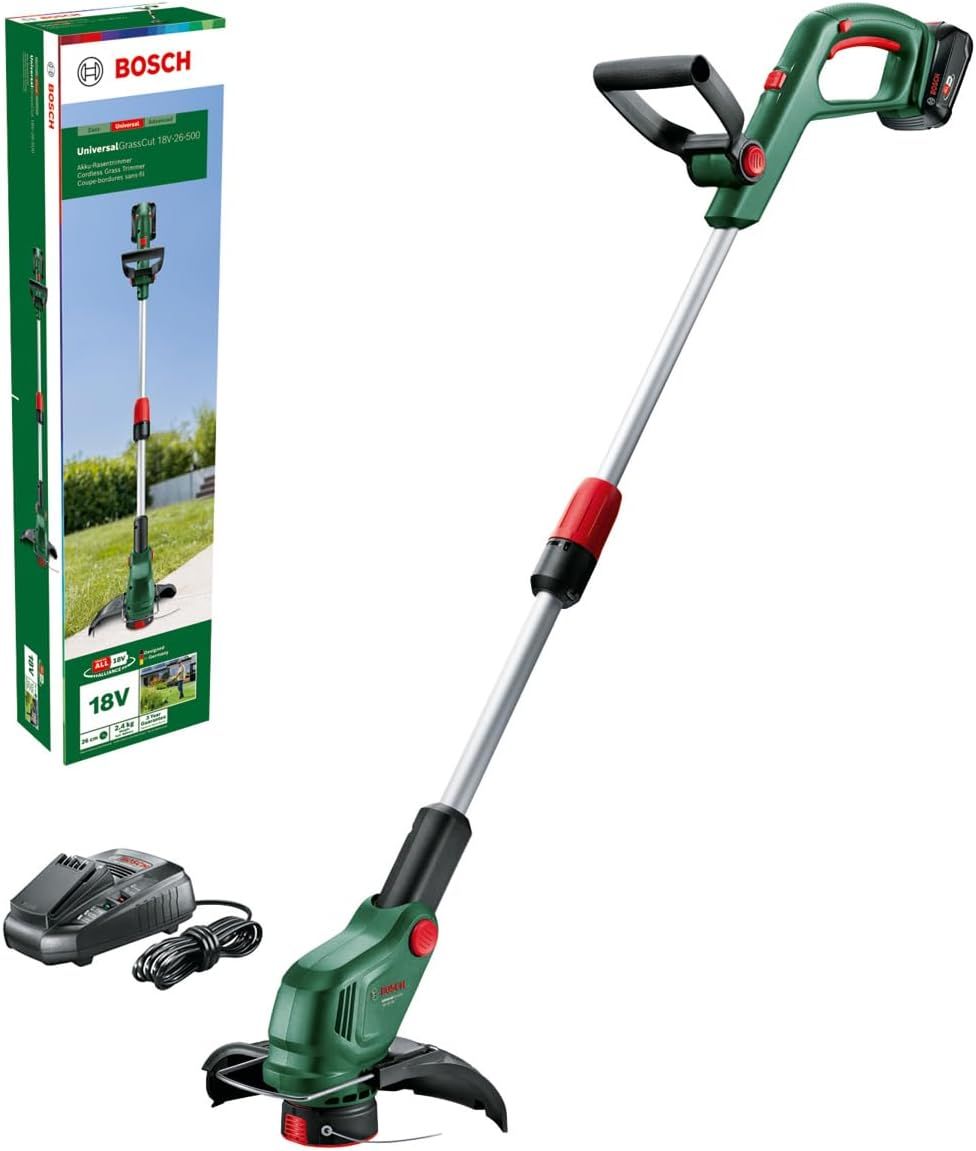 Bosch 18V Cordless Grass Trimmer with 4Ah Battery and Quick Charger, 26cm Cutting Width