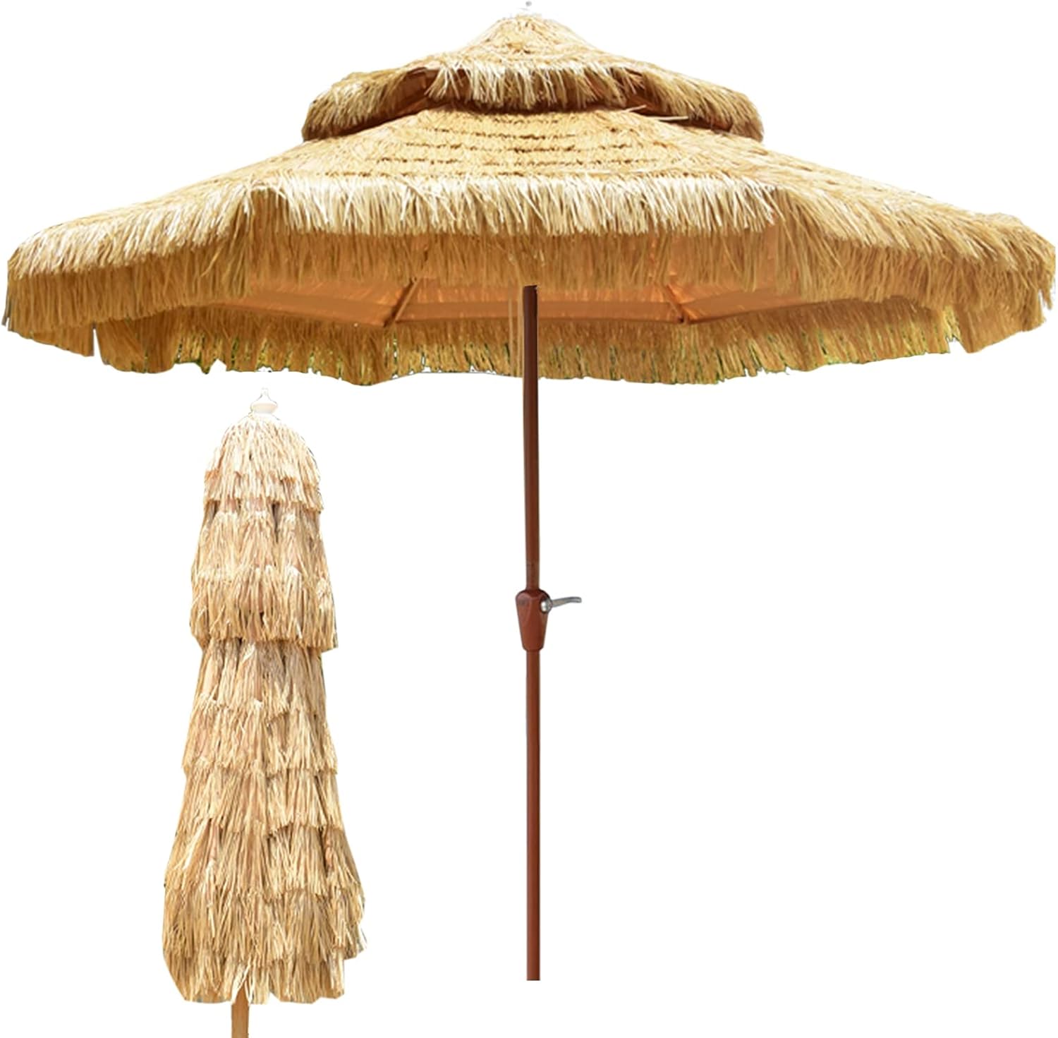 Garten Parasole 9ft 2-Tiers Strohstrand Regenschirm mit Kurbelgriff, Hochleistungs-wasserdichte Markttisch Parasol für Garten, Terrasse, Rasen, Hinterhof, Schwimmbad und Balkon im Freien Parasole