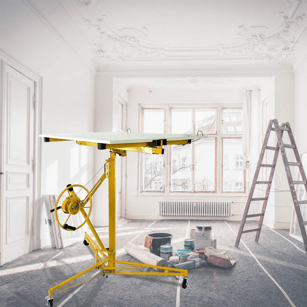 Drywall Lift 11FT Heavy Duty Drywall Panel Hoist Professional Jack Lifter Sturdy Rolling Lockable Caster Wheels Sheetrock Lift Drywall Lift, 150LB Capacity, Yellow