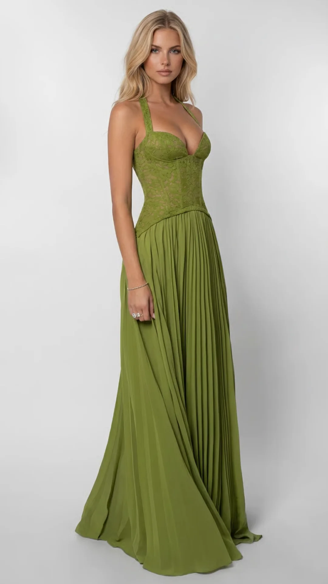Maxikleid mit Korsett-Oberteil und Plissee-Rock | Elegantes Abendkleid f��r Hochzeitsg?ste mit Halterneck-Ausschnitt