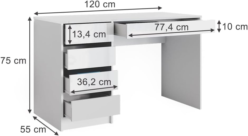 Vicco Schreibtisch Sherry, Weiß, 55 x 120 cm mit Schubladen