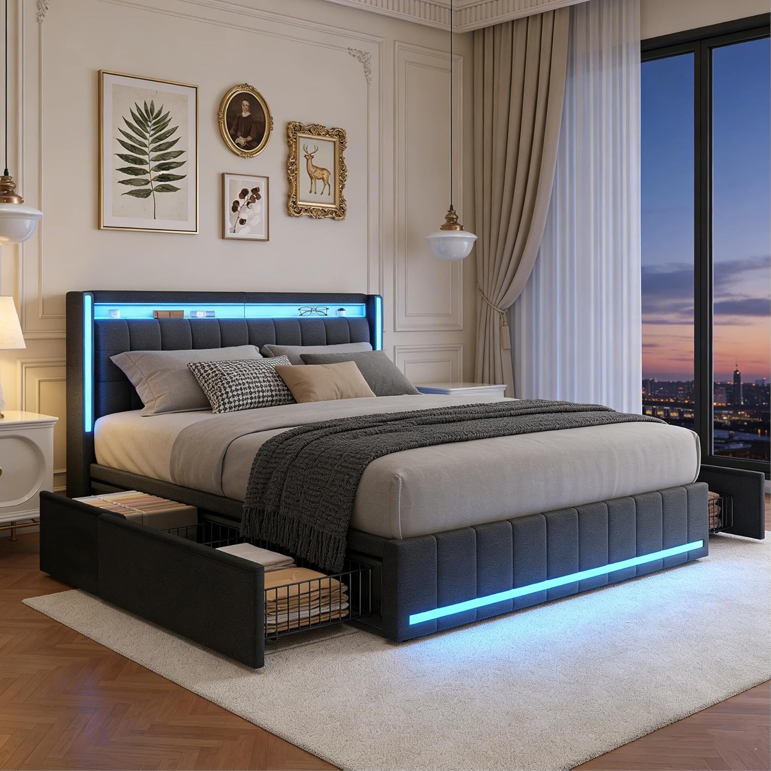 Polsterbett 180x200 mit Stauraum, Doppelbett mit LED und USB, Jugendbett mit 4 Schubladen, Bettgestell mit Kopfteil und Lattenrost, Leinen (Grau, 180 x 200 cm)