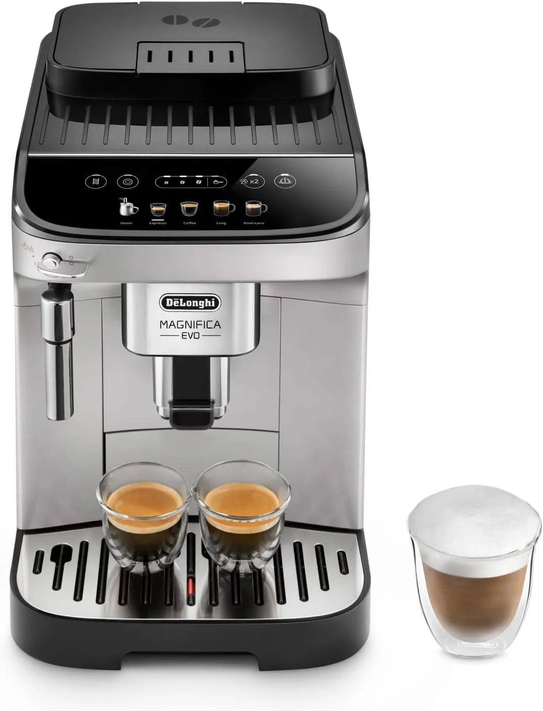 De'Longhi Magnifica Evo ECAM 292.33.SB volautomatische espressomachine met melkopschuimmondstuk, 5 directe keuzeknoppen voor espresso, koffie en koffiespecialiteiten, intu?tief bedieningspaneel, 2-kopsfunctie, zilver/zwart