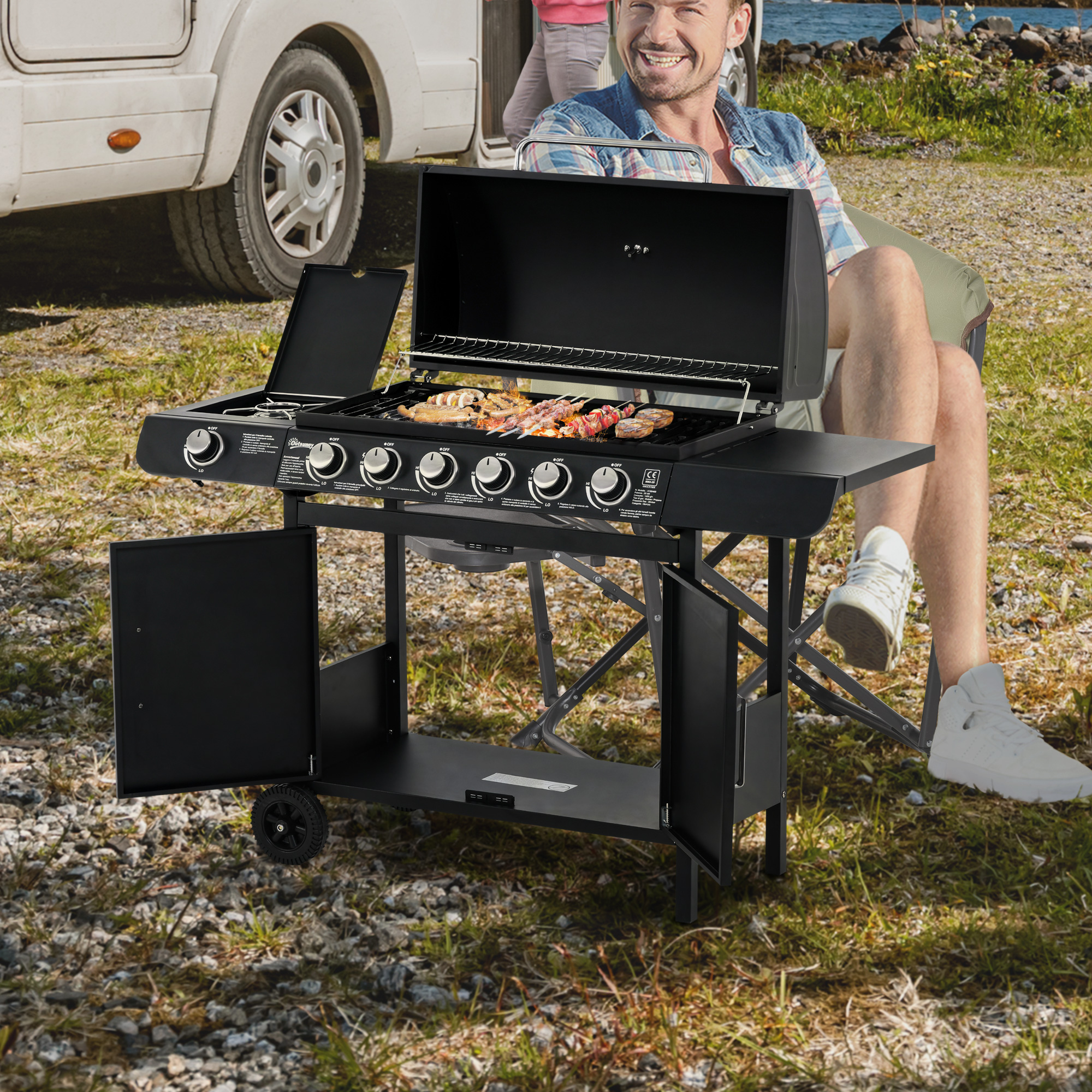 gasgrill BBQ-grillwagen met 6 branders 1 zijbrander kast multifunctioneel metaal zwart 135 x 50 x 100 cm