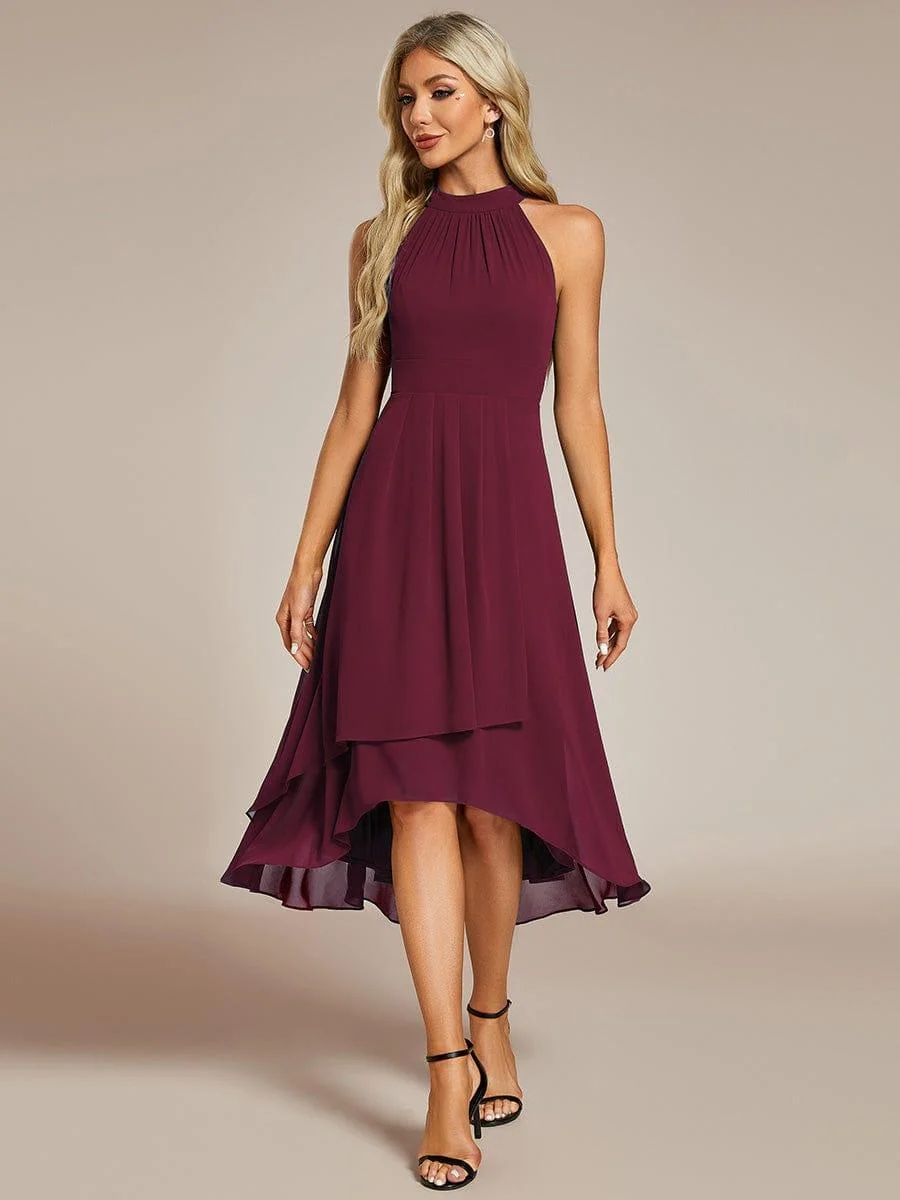 Damen Chiffon Midi-Kleid in A-Linie | Festliches Halterneck Kleid mit Plissee-Details | Sommerliches Kleid f��r Hochzeitsg?ste