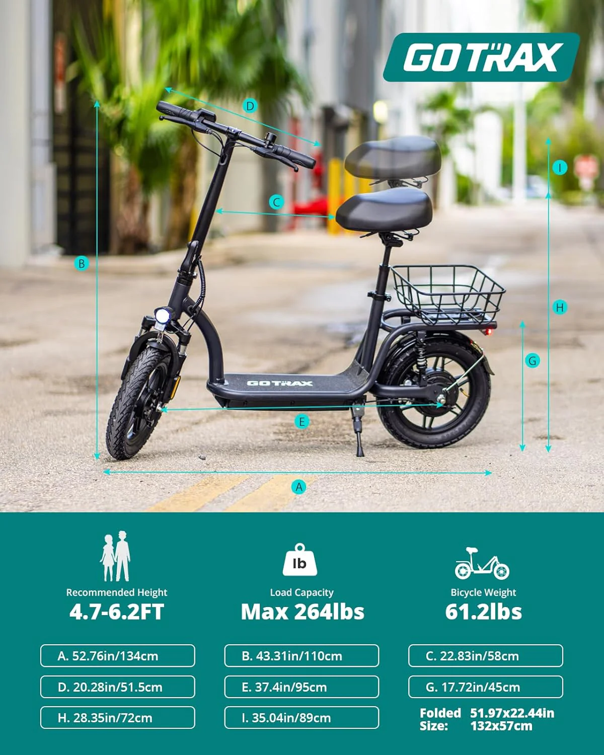 Gotrax adult electric scooter with seat, maximum range of 19-25 miles, all-terrain tires, wide pedals, padded seat, and carrycot