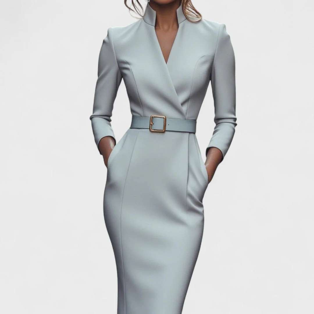 Elegantes Damenkleid mit G��rtel und Stehkragen