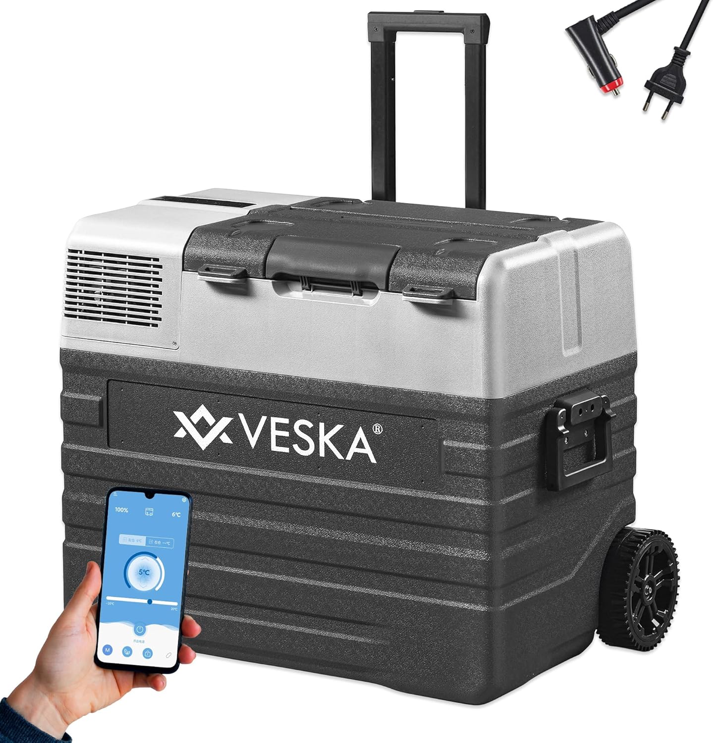 Kompressor Kühlbox elektrisch, Gefriertruhe mit APP-Steuerung, USB-Anschluss, 12/24V, 230V, Räder, transportabler Kühlschrank, Kühltruhe, Gefrierbox bis -20 °C für Auto, LKW, Boot (52L - anthrazit)