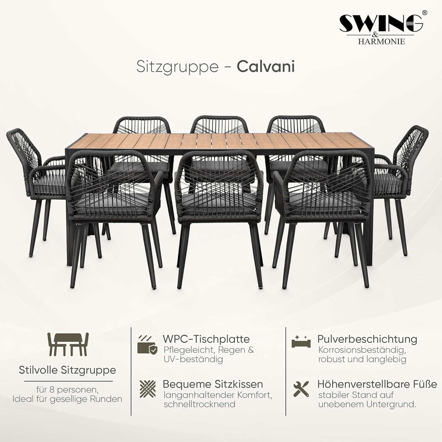 Swing&Harmonie Gartenmöbel Set „Calvani“ – Sitzgruppe mit Stühlen & Esstisch – wetterfest – Seilgeflecht – WPC-Tischplatte – Outdoor Essgruppe – Terrassenmöbel (anthrazit/Holz, 8 Personen)