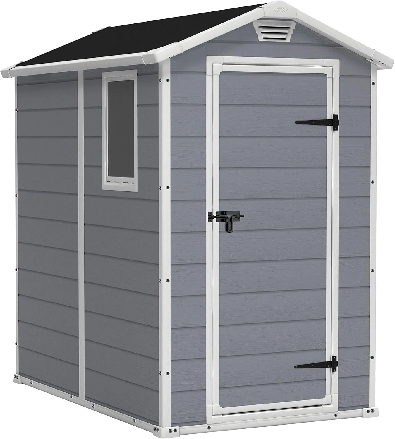 Keter Manor 4X6 - Caseta de jardín, 130x192x198cm y 2,2m2, Suelo, Sistema de ventilación, Puerta y Ventana, Resistente al Agua, Color Gris