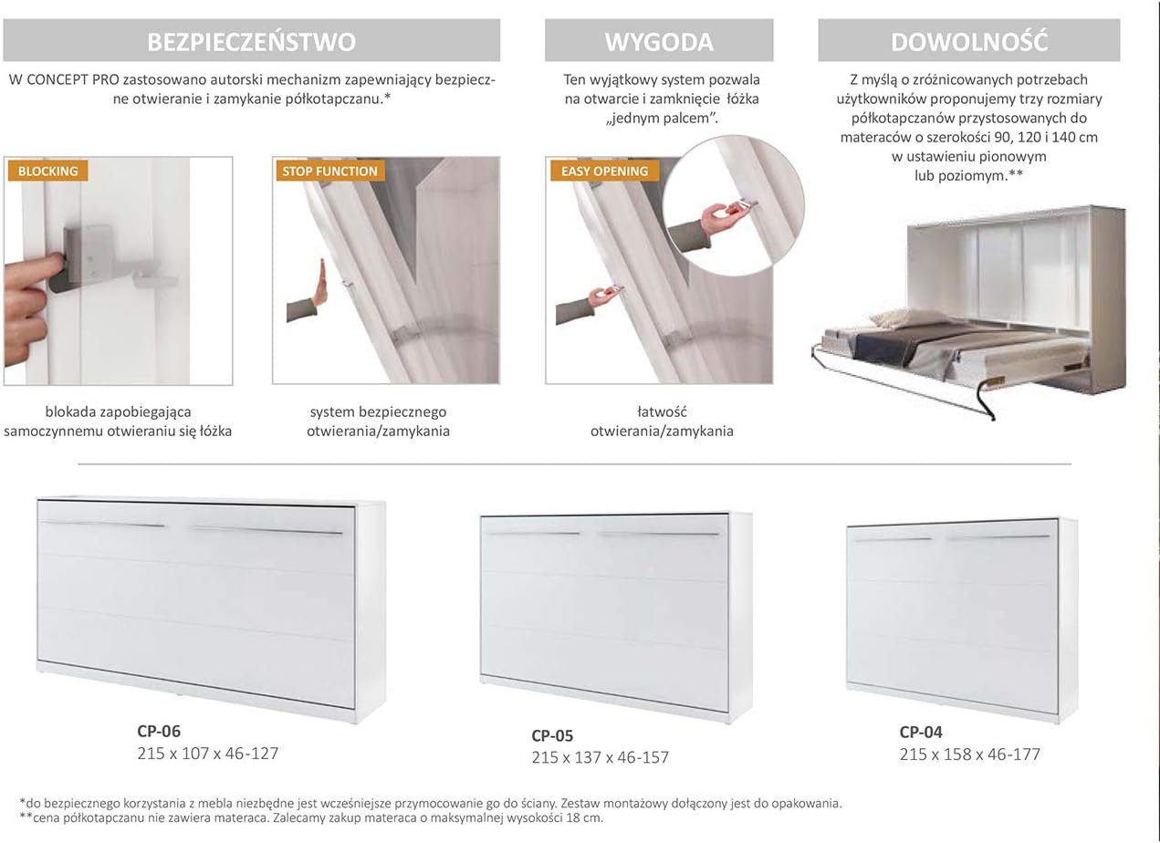 BIM Furniture Wandbett Vertical Schrankbett LENART Concept PRO Wandklappbett, Schrankklappbett Wandbett, Schrank mit integriertem Klappbett, Funktionsbett (Weiß Matt, 90 x 200 cm)