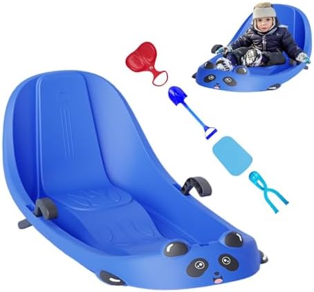 Kinder Schneeschlitten mit Bremse & Rückenlehne - Outdoor Rodel mit Schneeschaufel, Schneeballclip, Skiblatt & Heizkissen für verschneite Hügel & Spielplatz