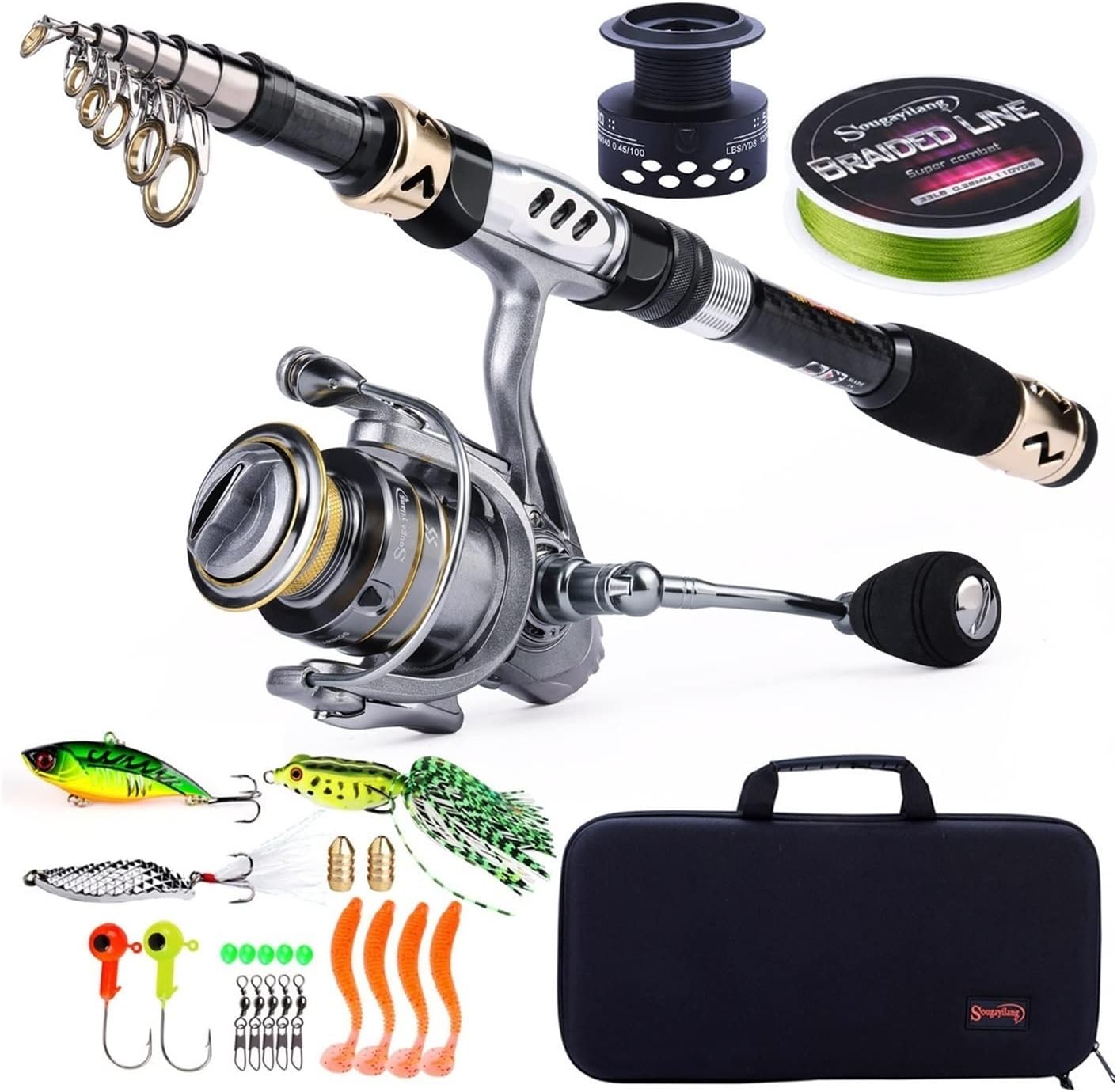 Panfish Rod Angelrute und Rolle Combos, Kohlefaser, Teleskop-Angelrute, Spinnrolle 13 + 1 BB mit Koffer-Angelset, Baitcast-Rute