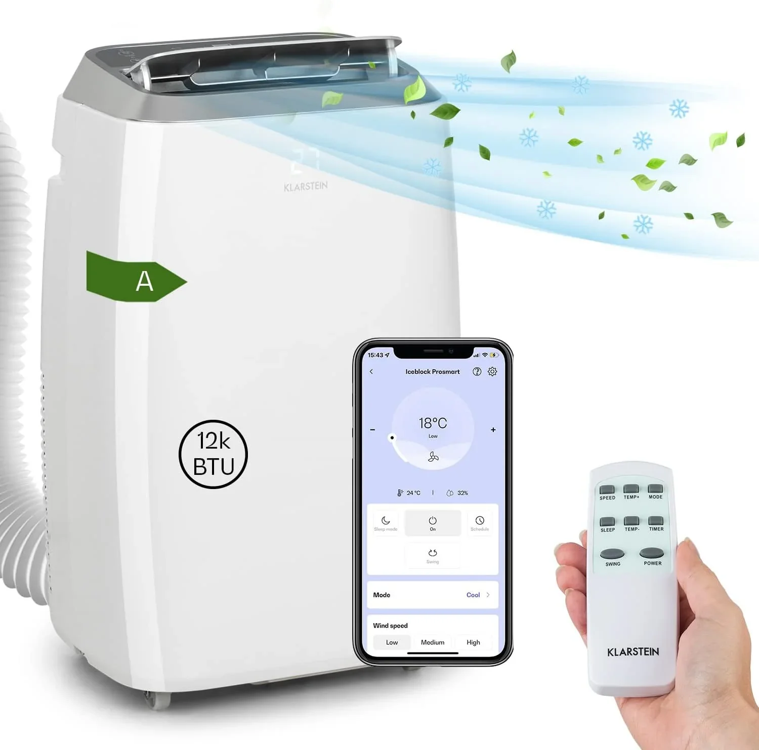 Klarstein Mobile Klimaanlage mit Abluftschlauch, 3-in-1 Klimager?t mit Ventilator, Luftentfeuchter & Nachtmodus, Kleine & Portable Klimaanlage f��r Wohnung & B��ro, 12000 BTU Niedrig Verbrauch