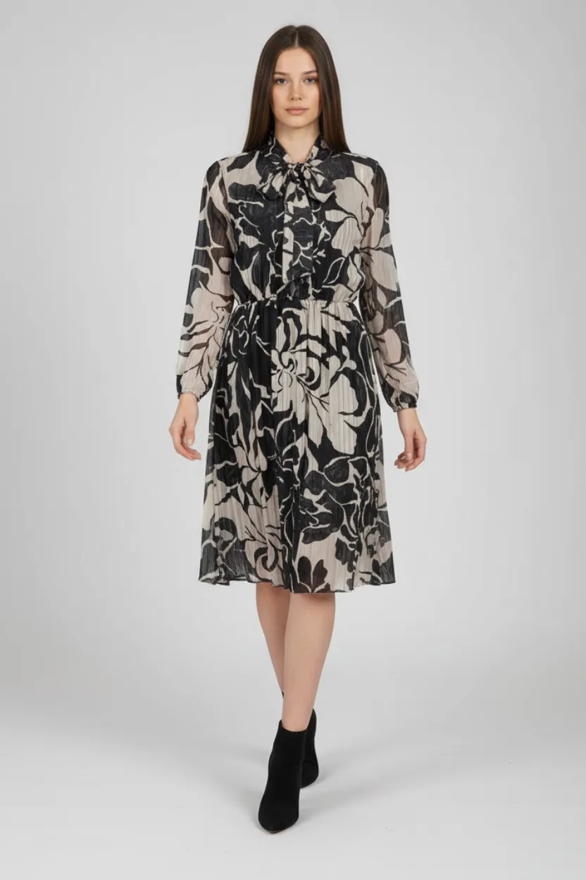 Black-Colored Floral Midi Dress with Waist Belt