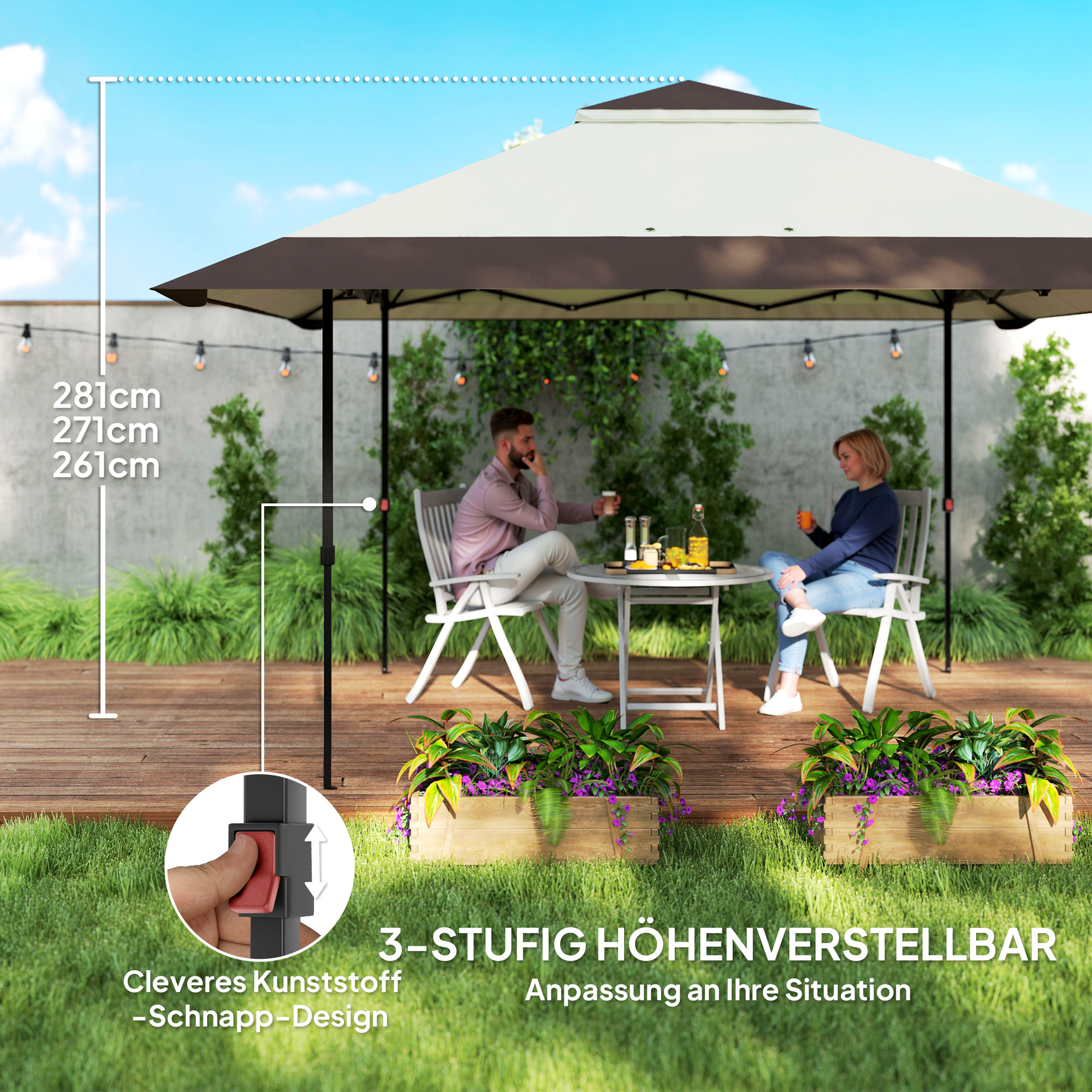 Outsunny 4 x 4 m Tuin Paviljoen, Tuinent met Netwanden, UPF50+ Bescherming, Hoogteverstelbare Partytent, Beige
