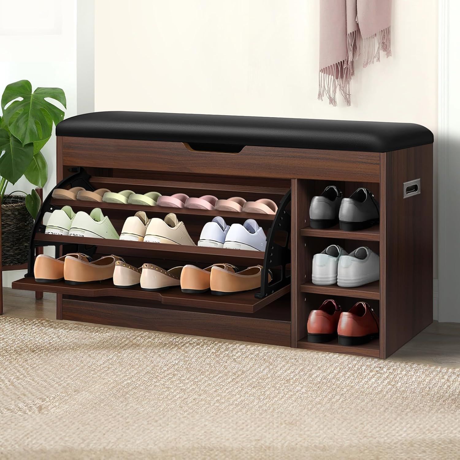 Walnut Shoe Cabinet Bench with Adjustable Shelves & Flip-Up Top