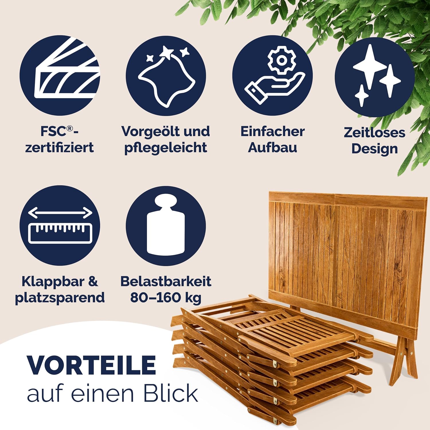 Casaria® Gartenmöbel Set Modell 2026 - NEU: Extra Stabiler Tisch mit umlaufender Verstärkungsleiste 5-teilig aus FSC® Akazienholz, 4 Stühle mit Armlehnen, klappbar für Garten & Balkon