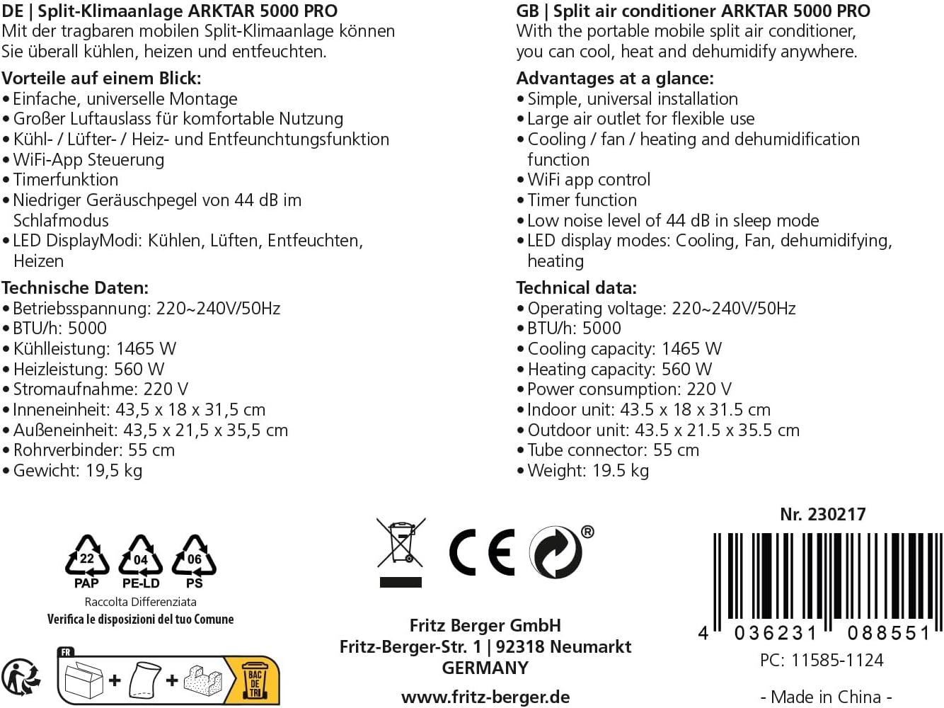 BERGER Arktar 5000 Pro Mobile Split-Klimaanlage mit Heizung | Klimaanlage mobil für Camping Wohnwagen Wohnmobil | Klimagerät zum Kühlen Entfeuchten | App Steuerung und Timerfunktion