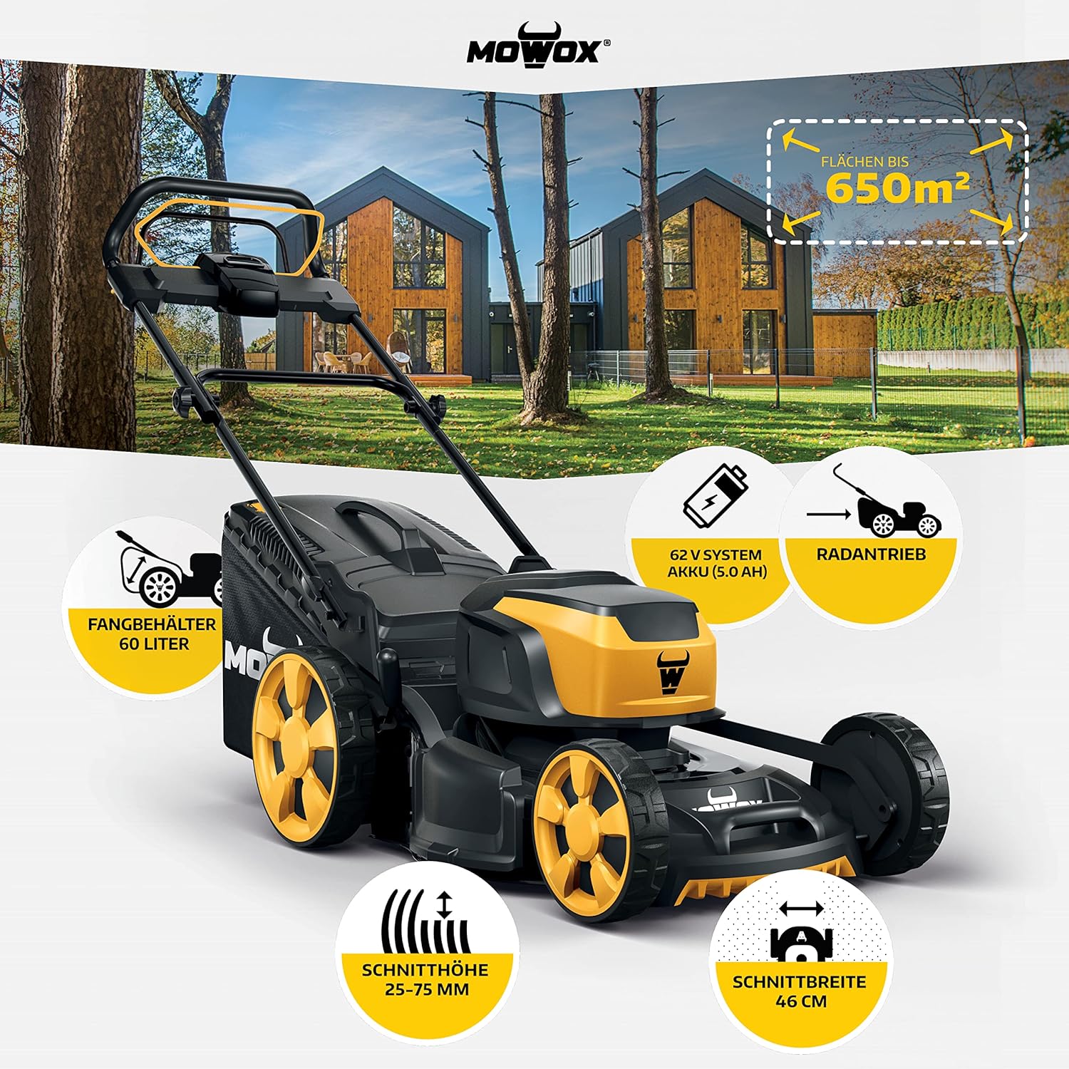 Mowox EM 4662 S-Li Akku-Rasenmäher mit Stahlgehäuse, Radantrieb, 3in1 Funktion, 60l Fangsack mit Hard-Top und Füllstandsanzeige, zentrale Höhenverstellung, kugelgelagerte Räder, EASY2STORE-Funktion