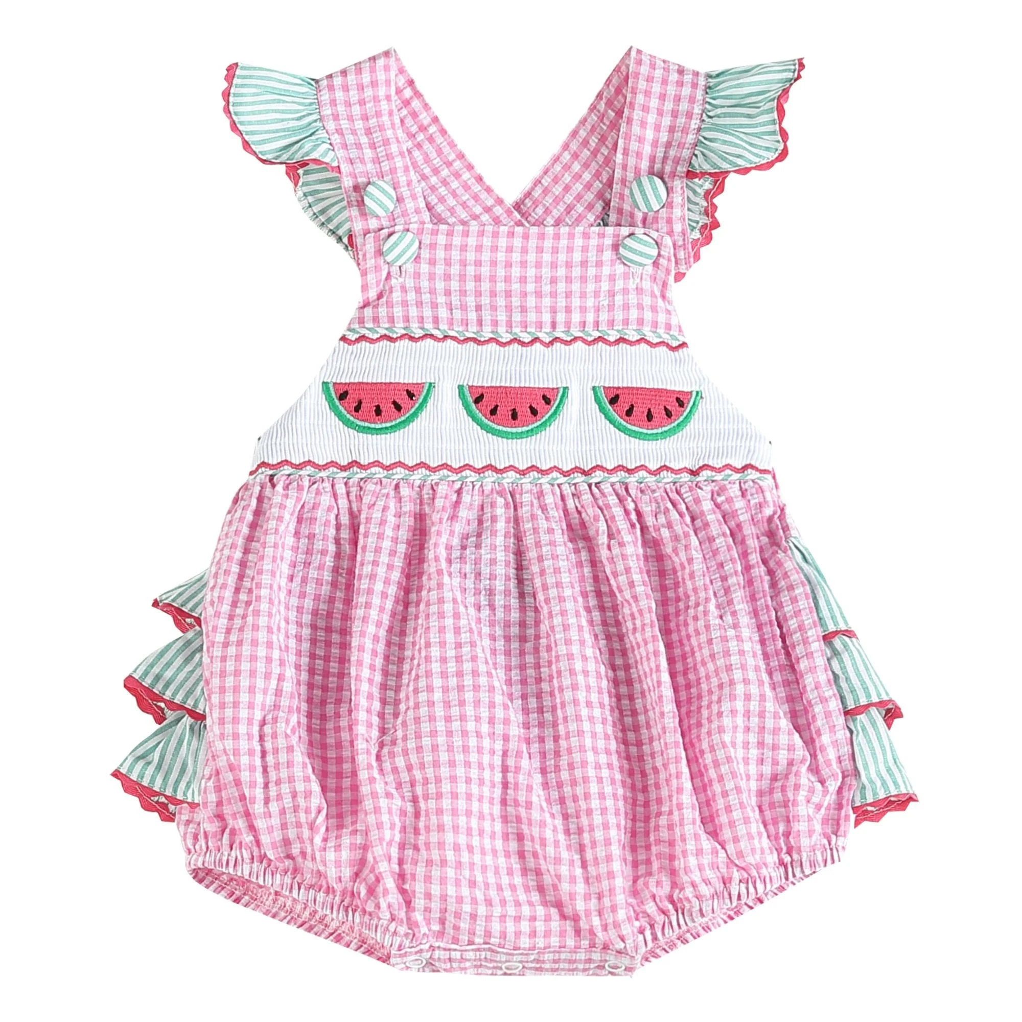 Pink and Green Watermelon Smocked Bubble Ruffle Romper